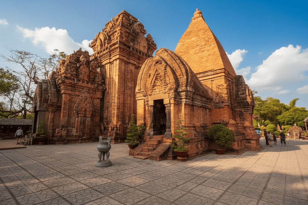 The Kalan towers are with their tiered roofs and symbolic carvings